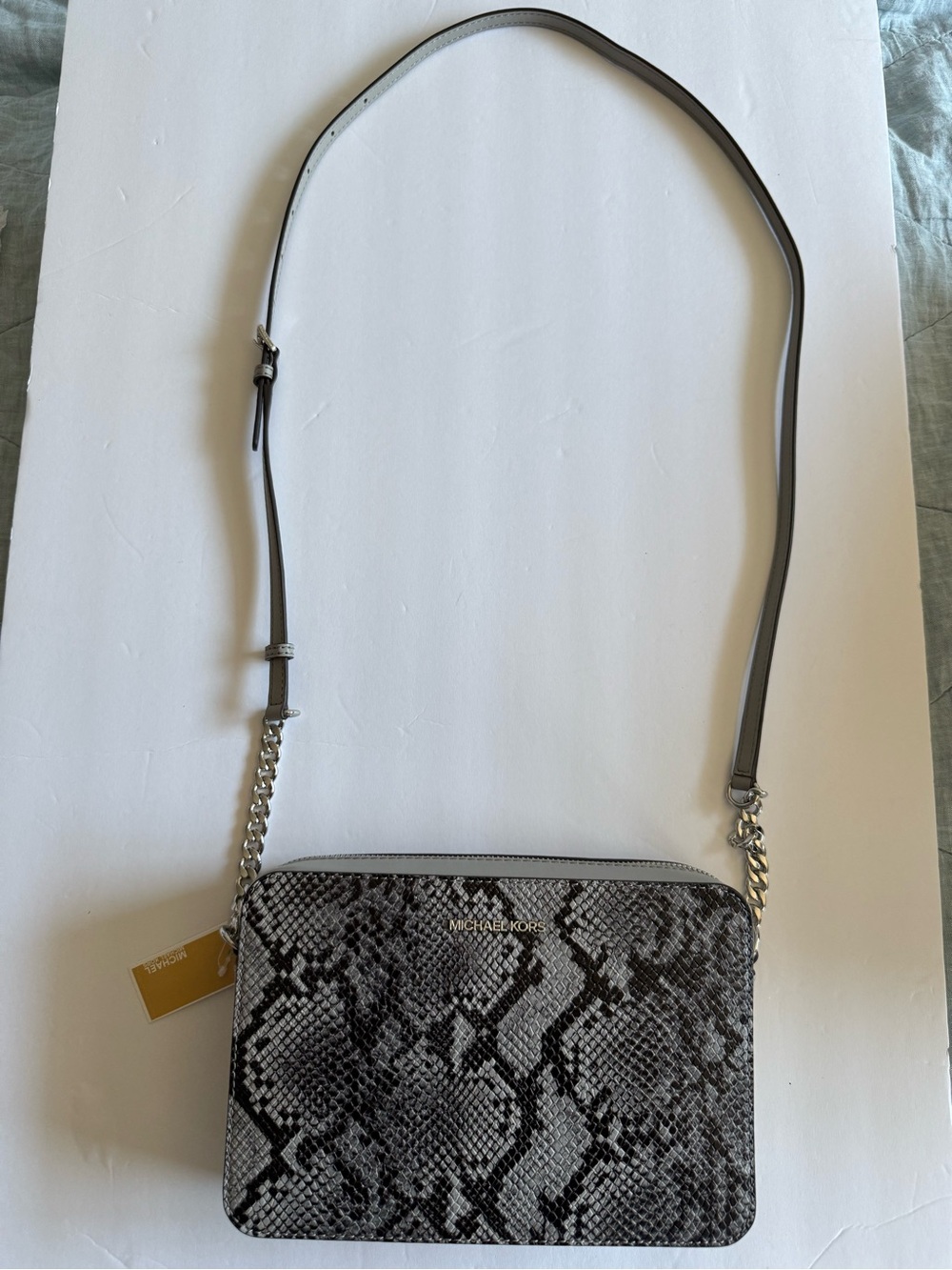 New Michael Kors Jet Set Quarry Grey Snake Crossbody Silver Hardware Chain Strap